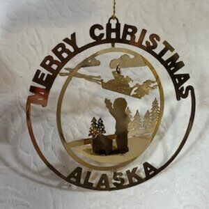 Alaska Die Cut Brass Child Present Santa Merry Christmas Tree Ornament 2.5"